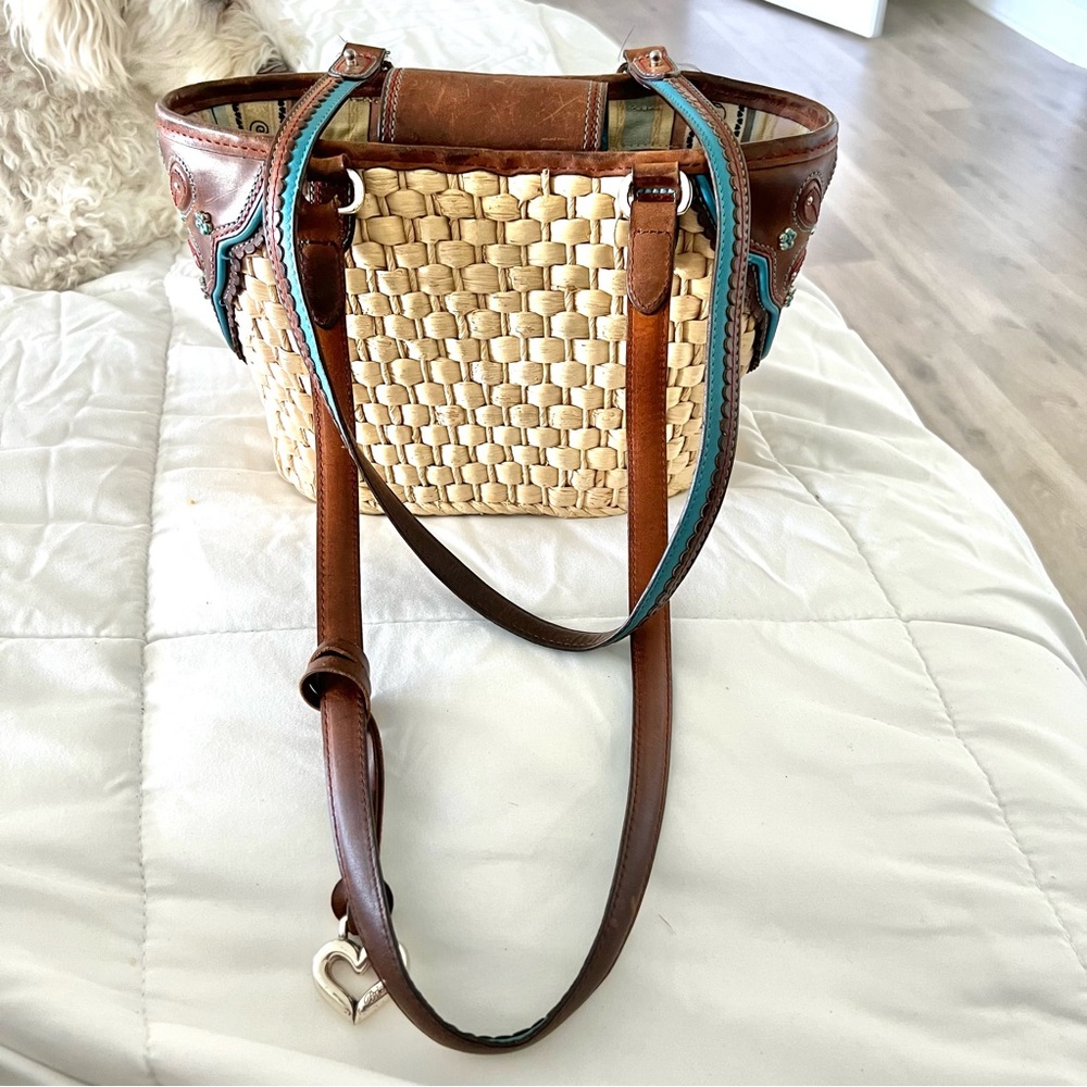 Brighton Straw Basket Weave and Leather Handbag W/Turquoise Trims.